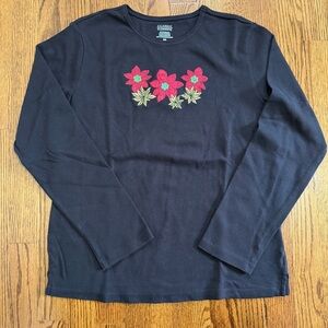Classic Elements Black Christmas Poinsettia Holiday Long Sleeve Tee Size Medium